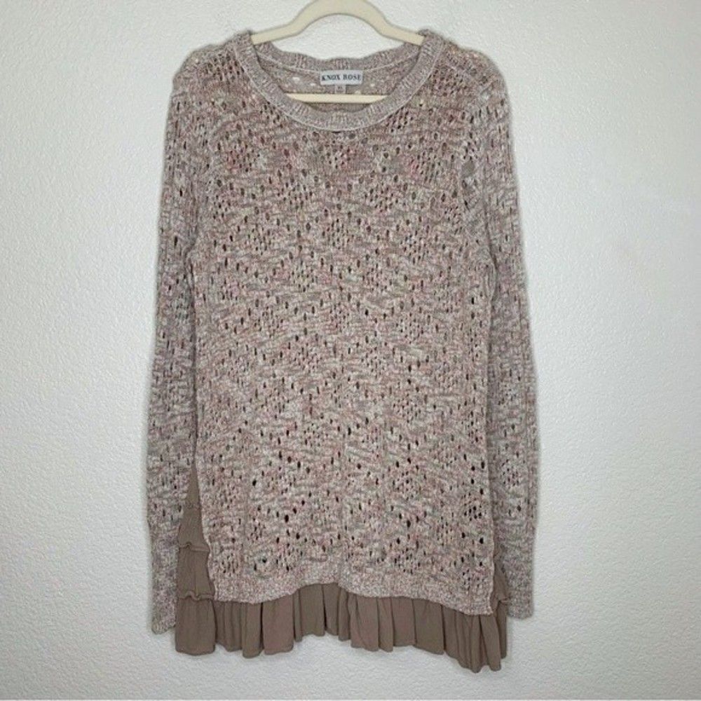 Knox Rose Boho Open Knit Ruffle Hem Long Sleeves Pullover Sweater